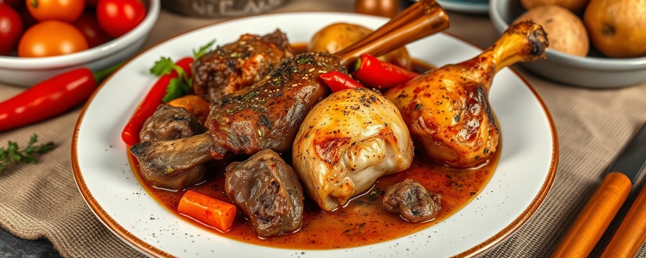 Cordero y Pollo Crujiente con Pimientos Rojos