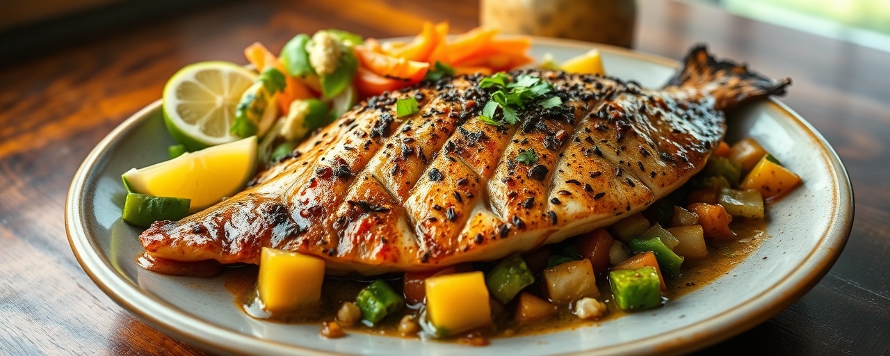 Corvina Asada con Mojo de Ajo Negro y Ensalada de Aguacate