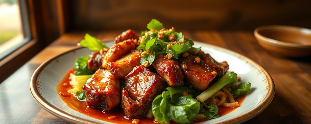 Crispy Wok-Tossed Pork Belly with Tangy Tamarind Glaze and Bok Choy