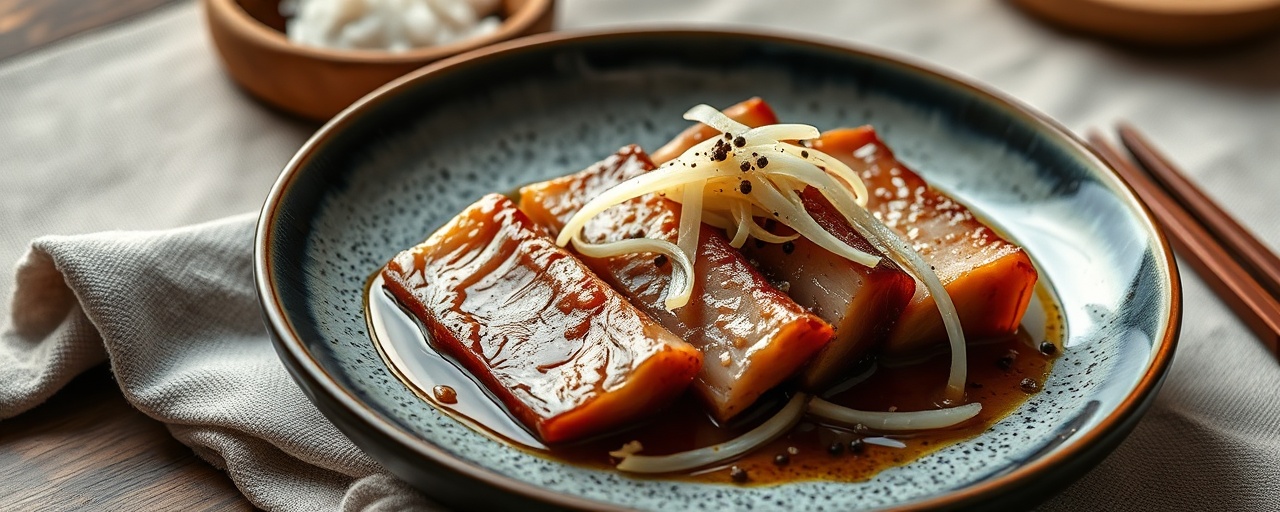 Cured Pork Belly with Mirin-Soy Glaze and Daikon