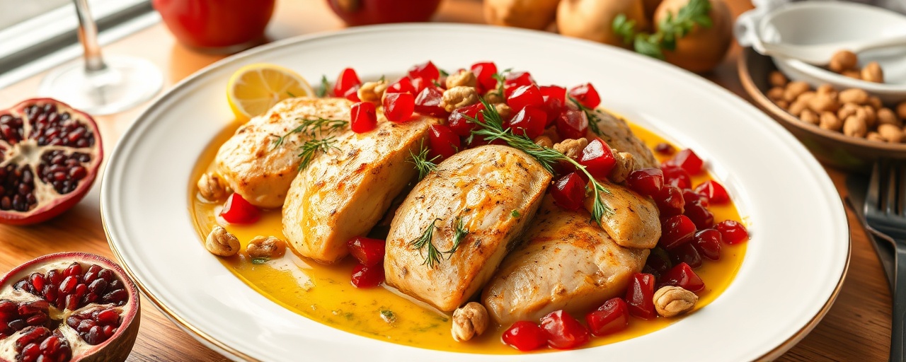 Dajaj Mashwi bil Rumman wal Joz (Pan-Seared Chicken with Pomegranate and Walnuts)