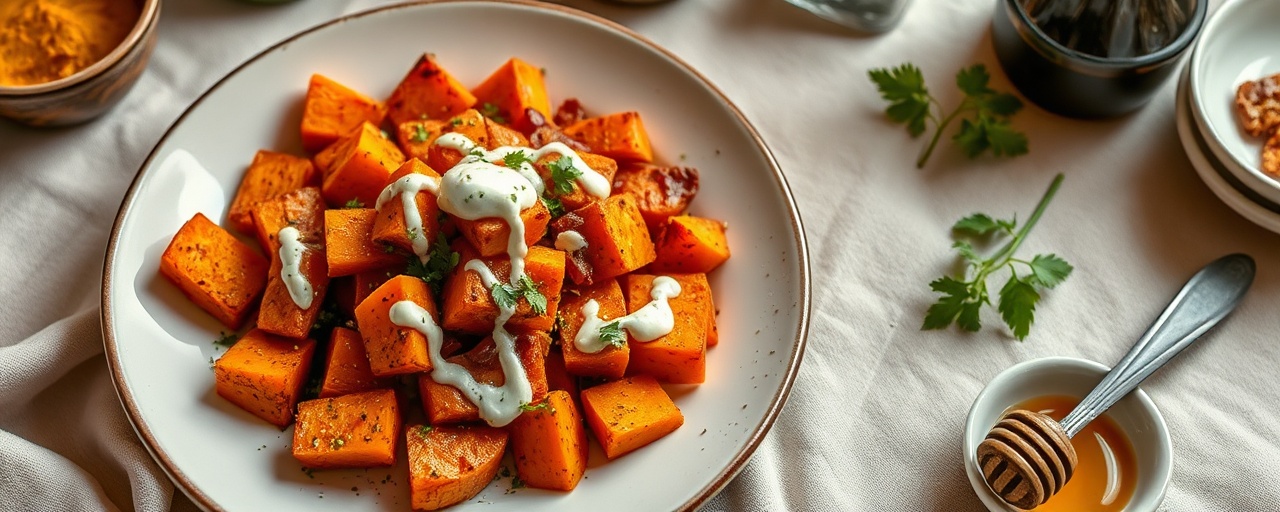 Egyptian Harissa and Honey Tandoor Sweet Potatoes with Tahini Yogurt Drizzle