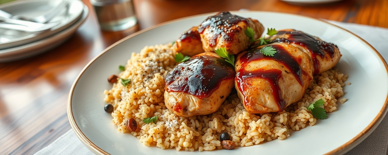 Egyptian Pan-Seared Chicken with Black Garlic-Tahini Glaze and Freekeh Pilaf