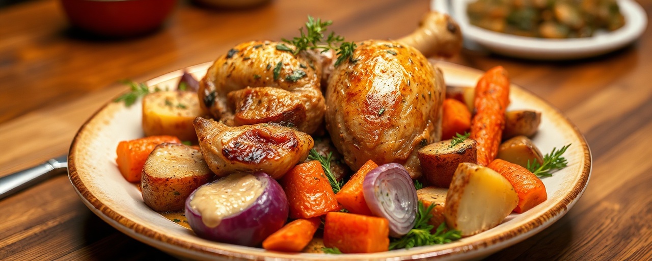 Egyptian Roasted Chicken and Root Vegetables with Herbed Tahini Sauce