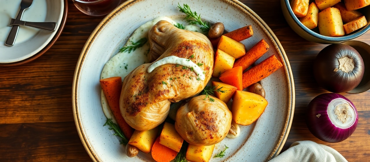 Egyptian Roasted Chicken and Root Vegetables with Herbed Tahini Sauce