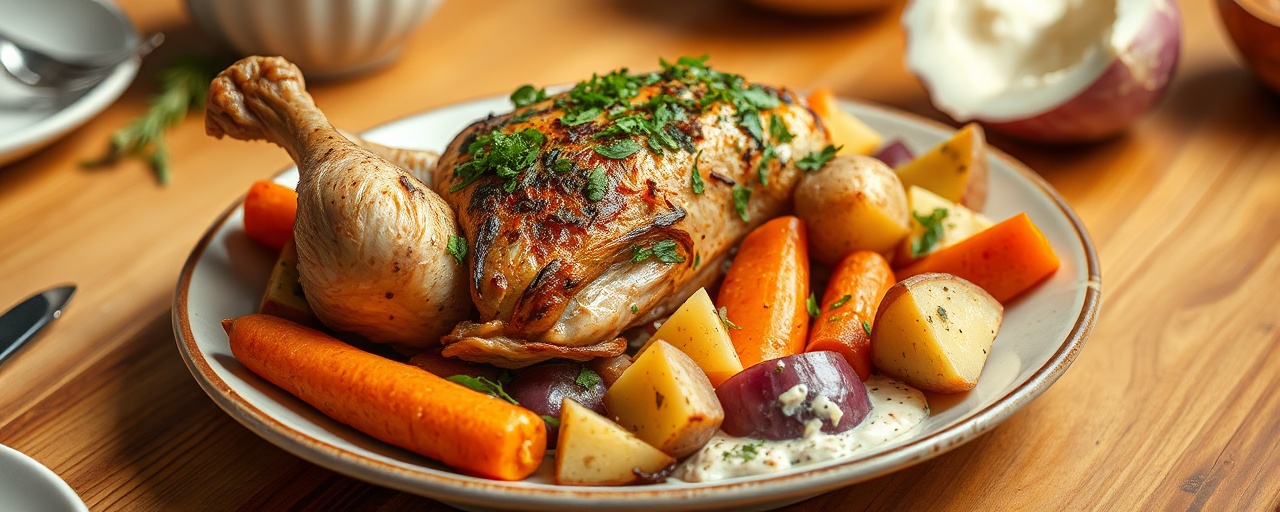 Egyptian Roasted Chicken and Root Vegetables with Herbed Tahini Sauce