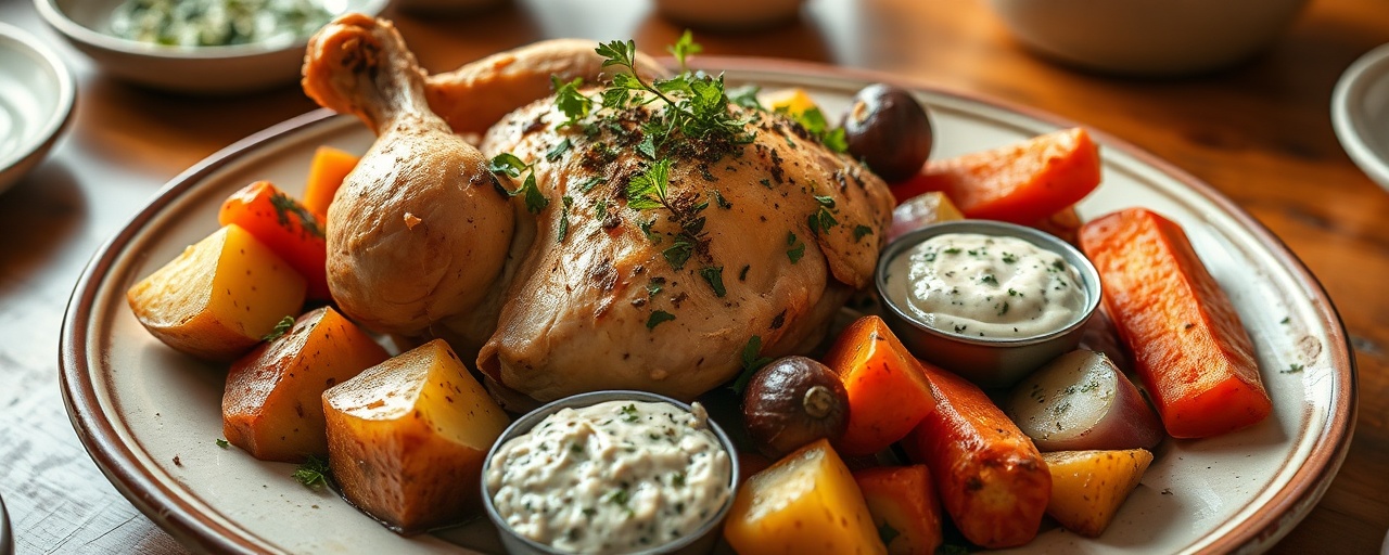 Egyptian Roasted Chicken and Root Vegetables with Herbed Tahini Sauce