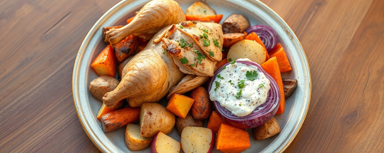 Egyptian Roasted Chicken and Root Vegetables with Herbed Tahini Sauce