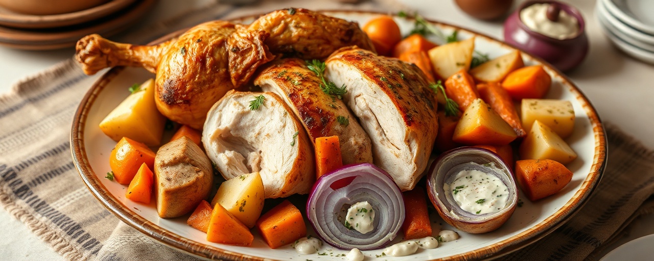 Egyptian Roasted Chicken and Root Vegetables with Herbed Tahini Sauce