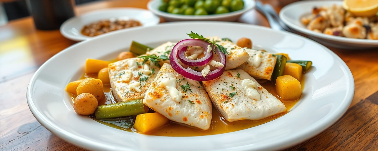 Encocado de Pescado Ahumado con Tahini y Plátano Verde Asado