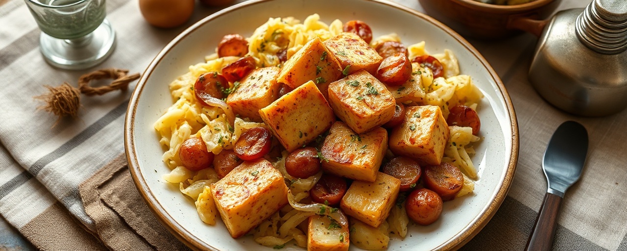 Feuergerösteter Tofu mit Kraut-Kartoffel-Pfanne