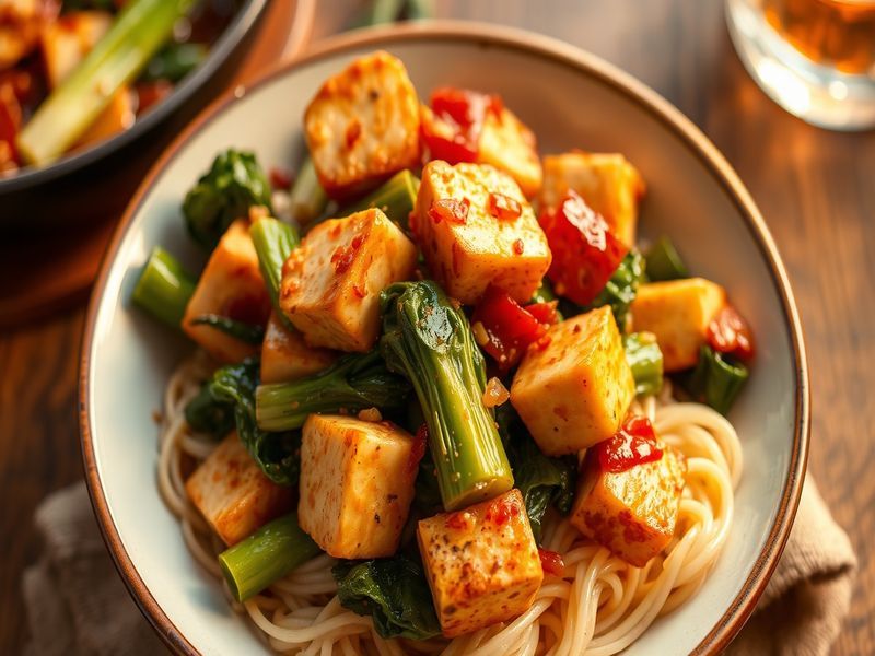 Fiery Garlic Tofu and Bok Choy Stir-fry with Udon Noodles