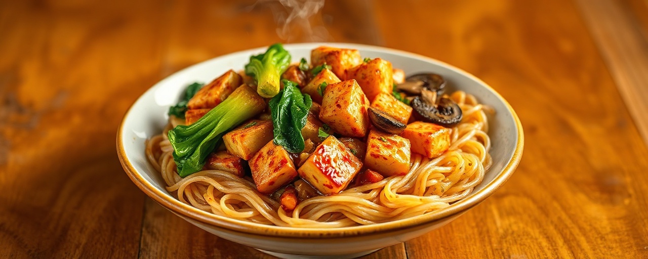 Fiery Garlic Tofu and Bok Choy Stir-fry with Udon Noodles