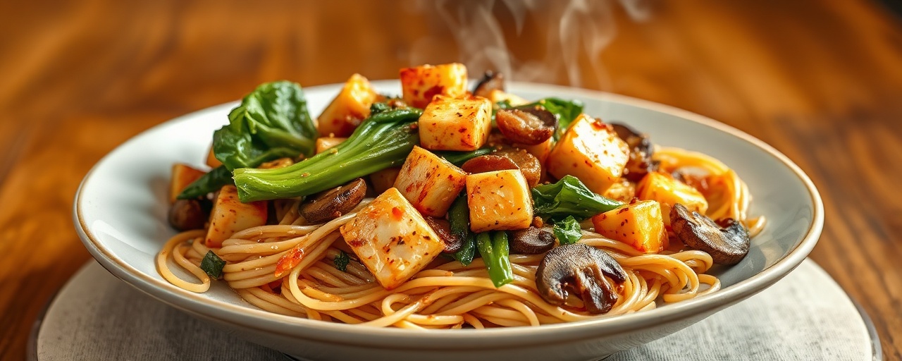 Fiery Garlic Tofu and Bok Choy Stir-fry with Udon Noodles