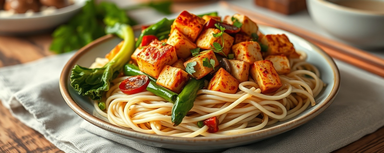 Fiery Garlic Tofu and Bok Choy Stir-fry with Udon Noodles