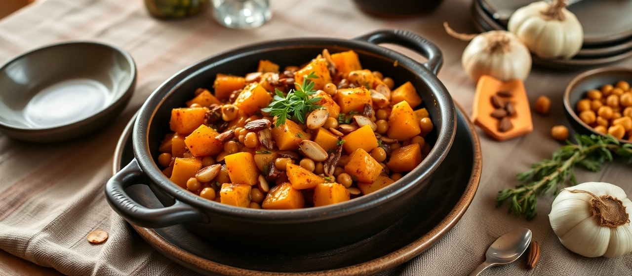 Fire-Roasted Butternut Squash and Chickpea Tagine with Spiced Almonds