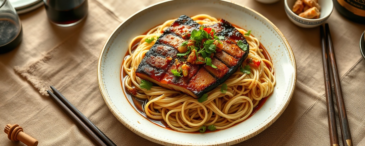 Fire-Roasted Cardamom-Spiced Pork Belly with Hand-Pulled Noodles
