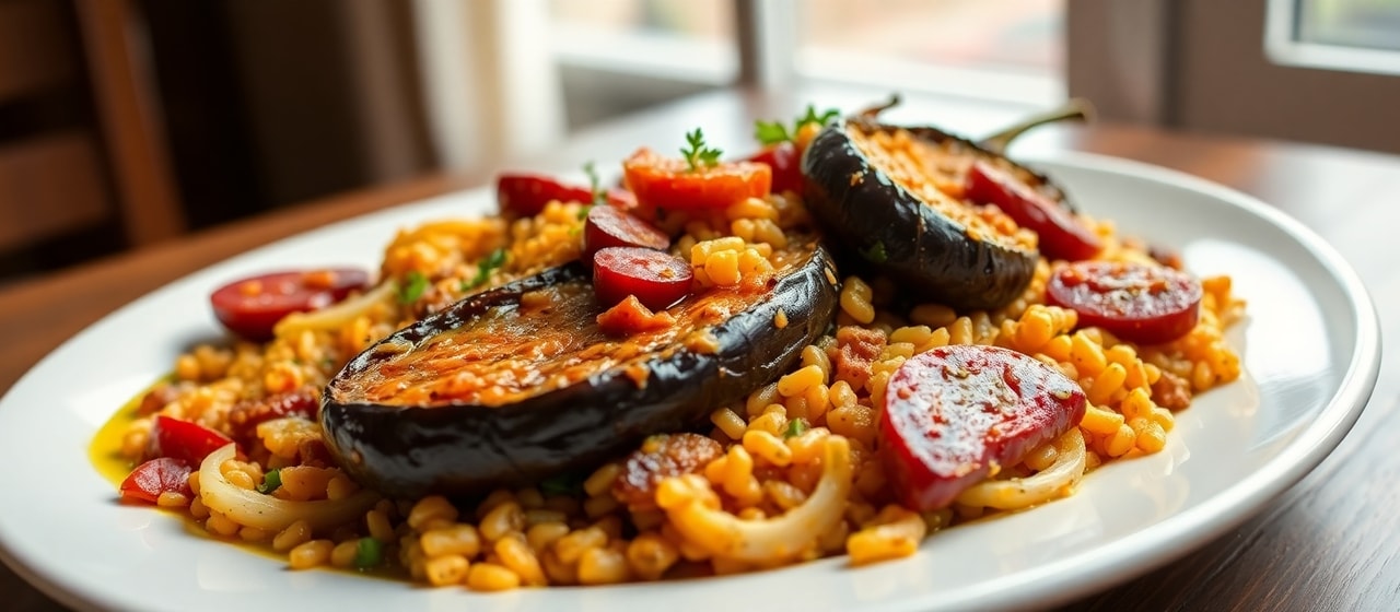 Fire-Roasted Eggplant and Andouille Jambalaya