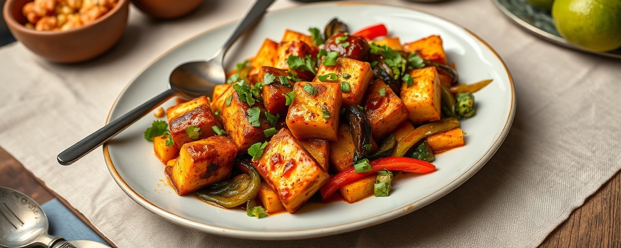 Fire-Roasted Gochujang-Glazed Tofu with Caribbean Vegetables
