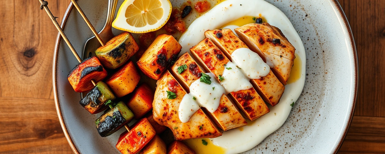 Fire-Roasted Harissa Miso Chicken and Vegetable Skewers