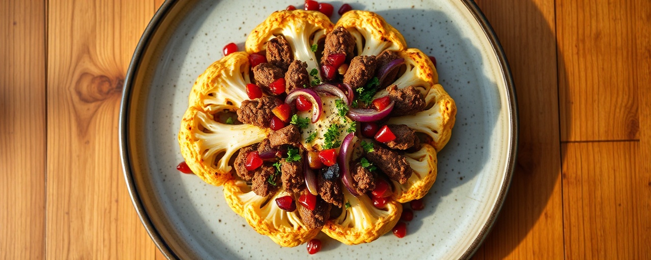 Fire-Roasted Pomegranate Lamb-Stuffed Cauliflower