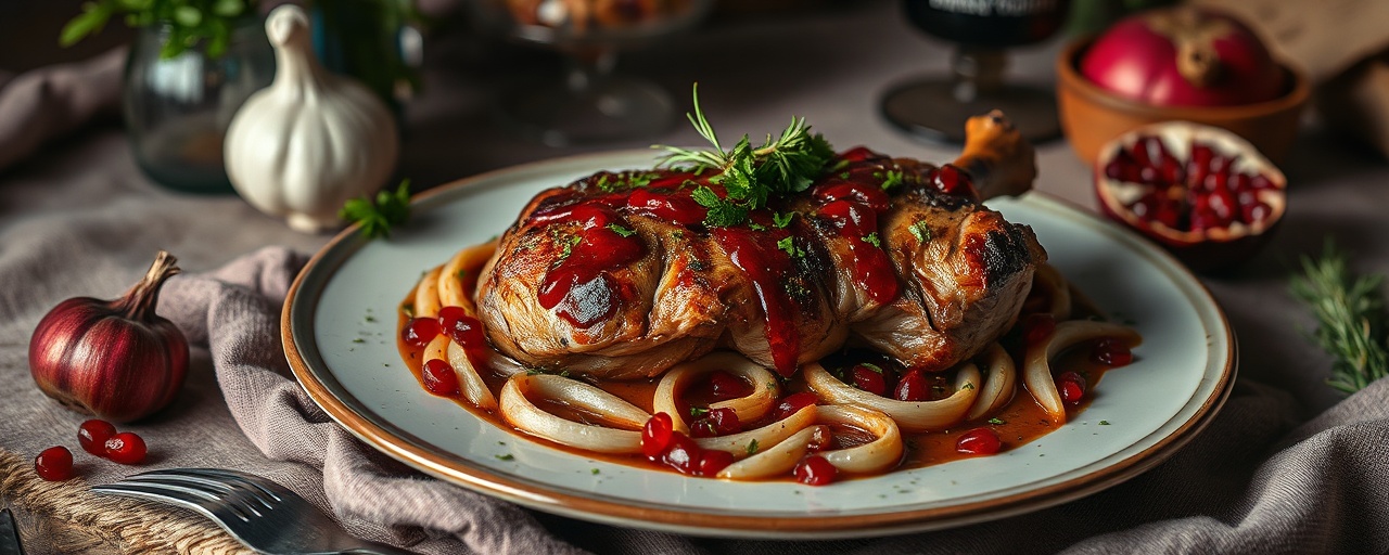 Fire-Roasted Pork Mtsvadi with Star Anise and Pomegranate-Adjika Glaze