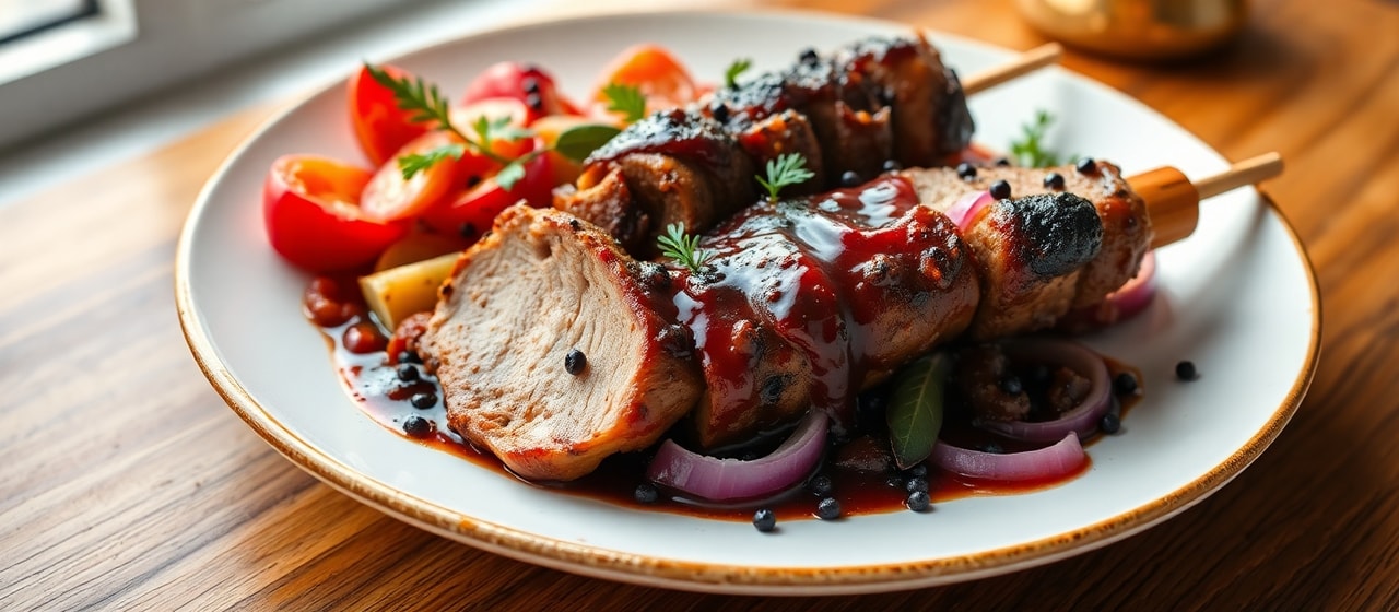 Fire-Roasted Pork Shashlik with Black Garlic and Beet Glaze
