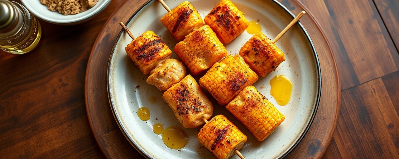 Fire-Roasted Saffron Corn and Chicken Skewers