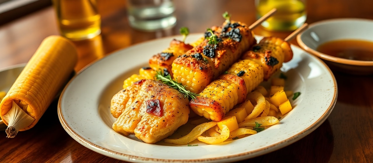 Fire-Roasted Saffron Corn and Chicken Skewers
