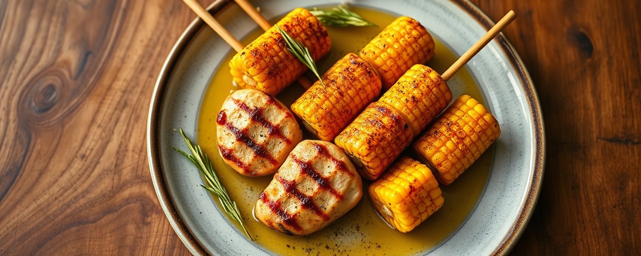 Fire-Roasted Saffron Corn and Chicken Skewers