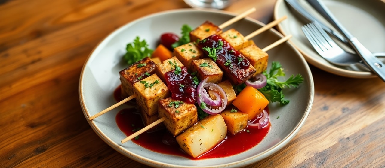 Fire-Roasted Tempeh & Root Vegetable Skewers with Lingonberry Glaze