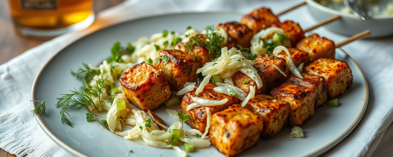 Fire-Roasted Tempeh Shashlik with Dill-Cabbage Slaw