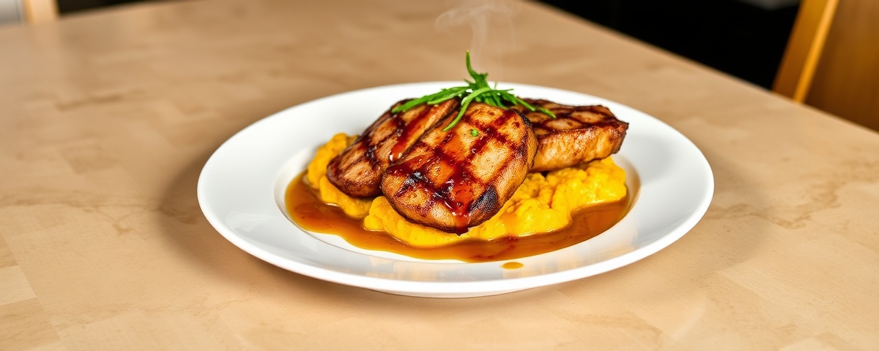 Flash-Fried Bourbon Black Garlic Pork Medallions with Sweet Potato Mash