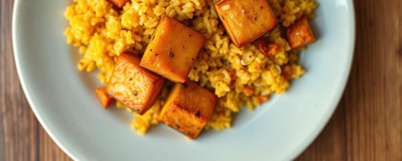 Flash-Fried Caribbean Mango-Glazed Tofu with Callaloo Rice