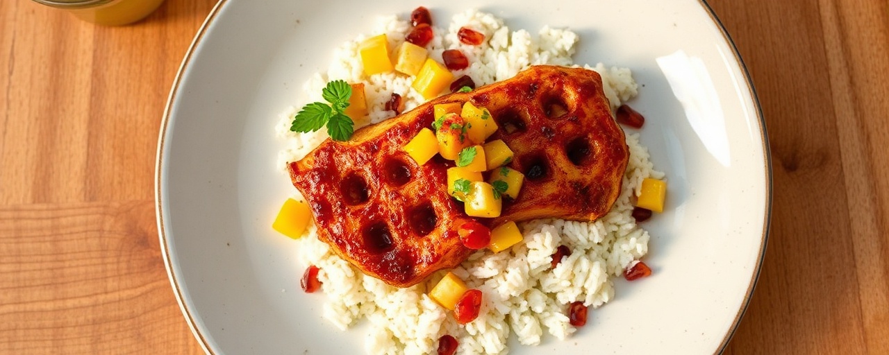 Flash-Fried Pomegranate-Glazed Snapper with Coconut-Lime Rice and Mango-Scotch Bonnet Salsa