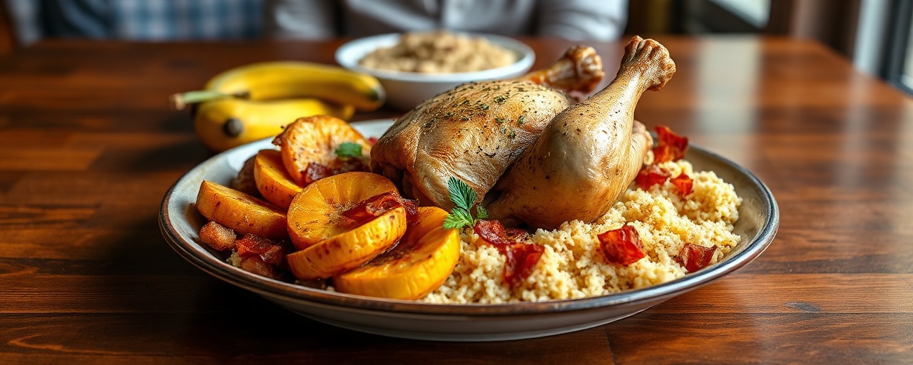 Frango Assado com Farofa Crocante de Banana da Terra e Bacon