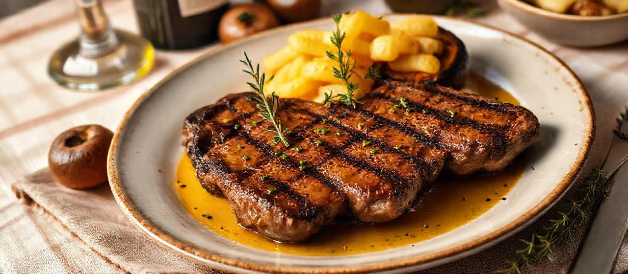 Gegrillte Kräuterpilz-Steaks mit Altbier-Zwiebel-Jus und Süßkartoffel-Rösti