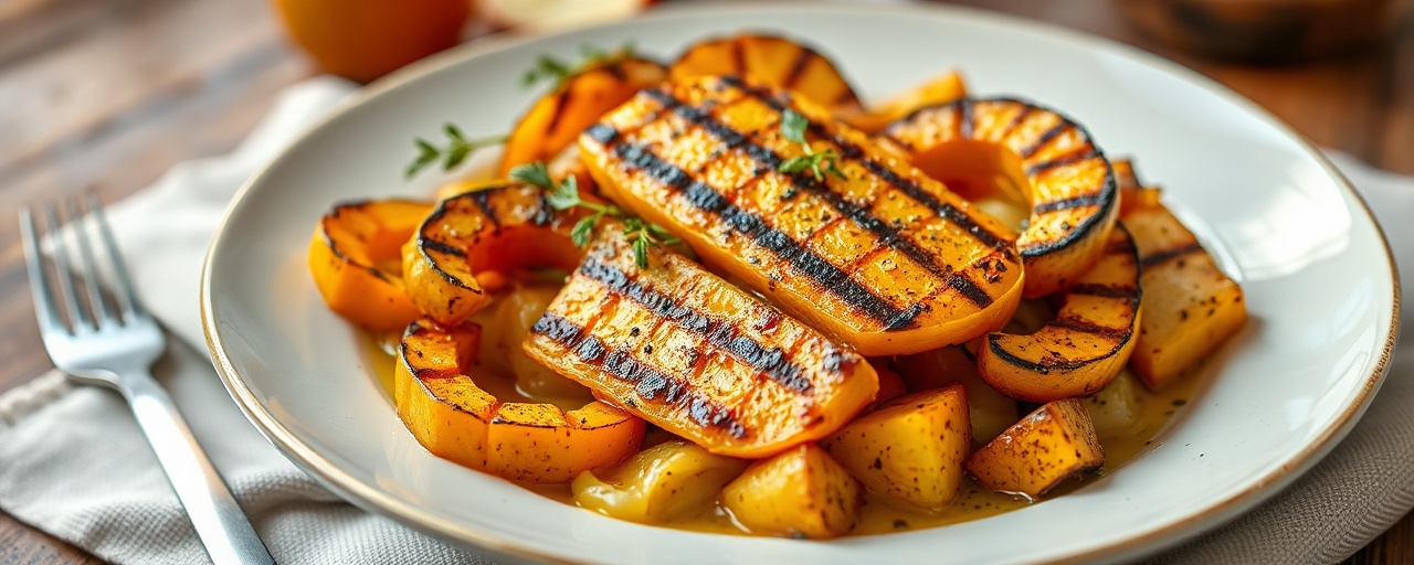 Gegrillter Butternusskürbis mit Apfel-Kräuter-Glasur