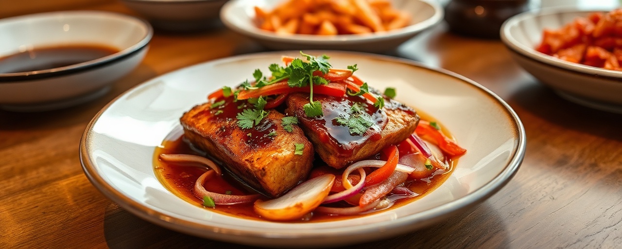 Gochujang-Glazed Roasted Seitan with Kimchi-Radish Salad