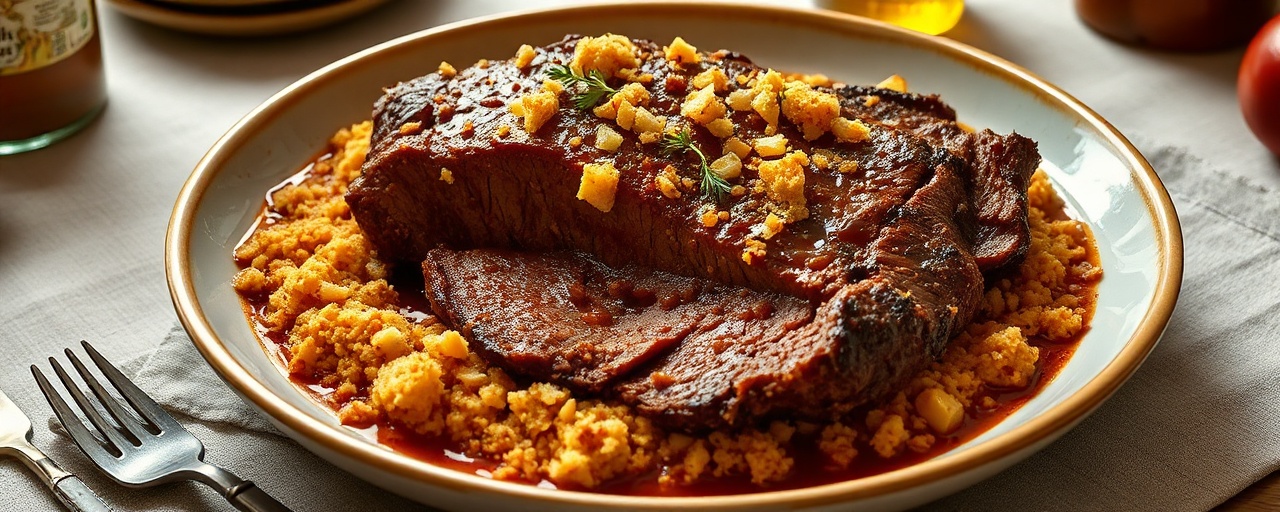 Gochujang Glazed Slow-Cooked Brisket with Cornbread Crumble