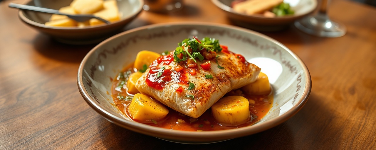 Gochujang-Spiced Steamed Snapper with Coconut-Lime Callaloo and Steamed Breadfruit Medallions