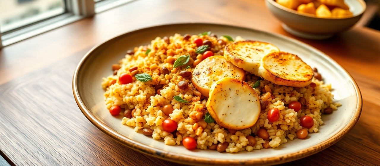 Golden Lentil & Cauliflower Pilaf with Pan-Seared Halloumi