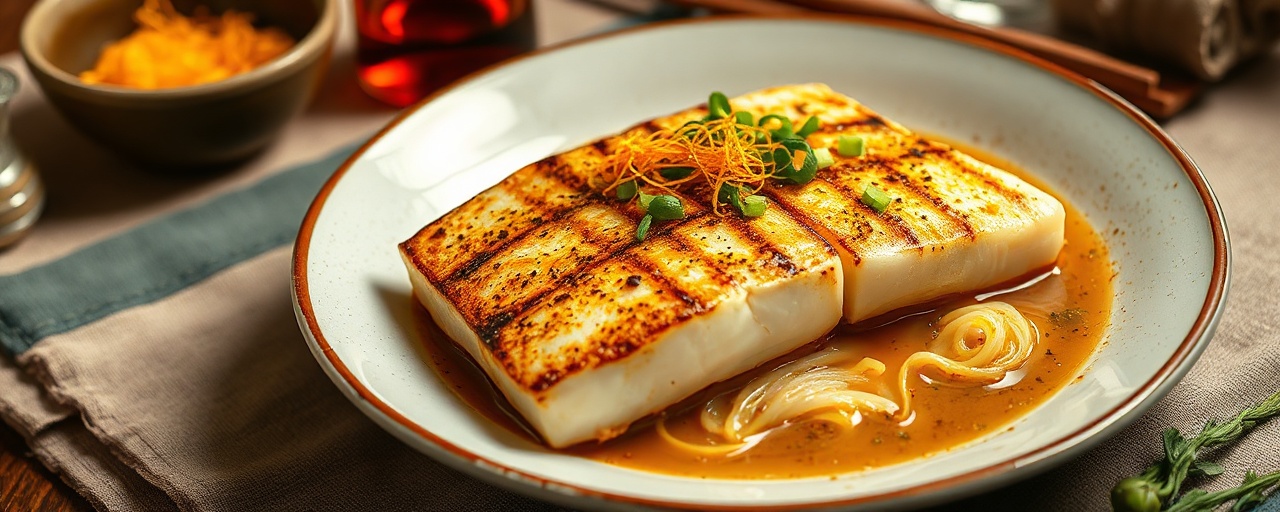 Golden Saffron Grilled Halibut with Aromatic Ginger Scallion Oil