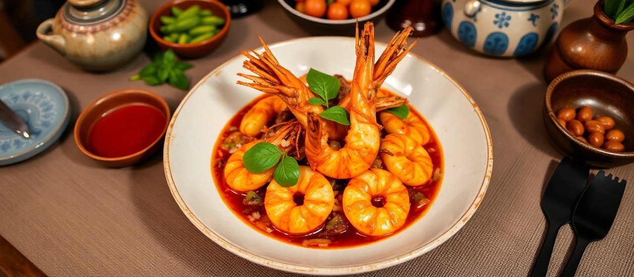 Goong Tod Mamuang Priao (Flash-Fried Tamarind Shrimp with Crispy Shallots and Basil)