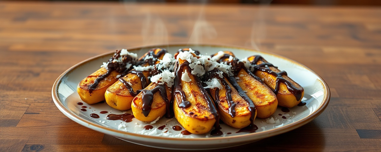 Grilled Bananas with Tamarind Chocolate Drizzle and Toasted Coconut