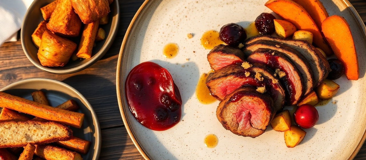 Grilled Duck Breast with Lingonberry-Rye Glaze and Roasted Root Vegetables