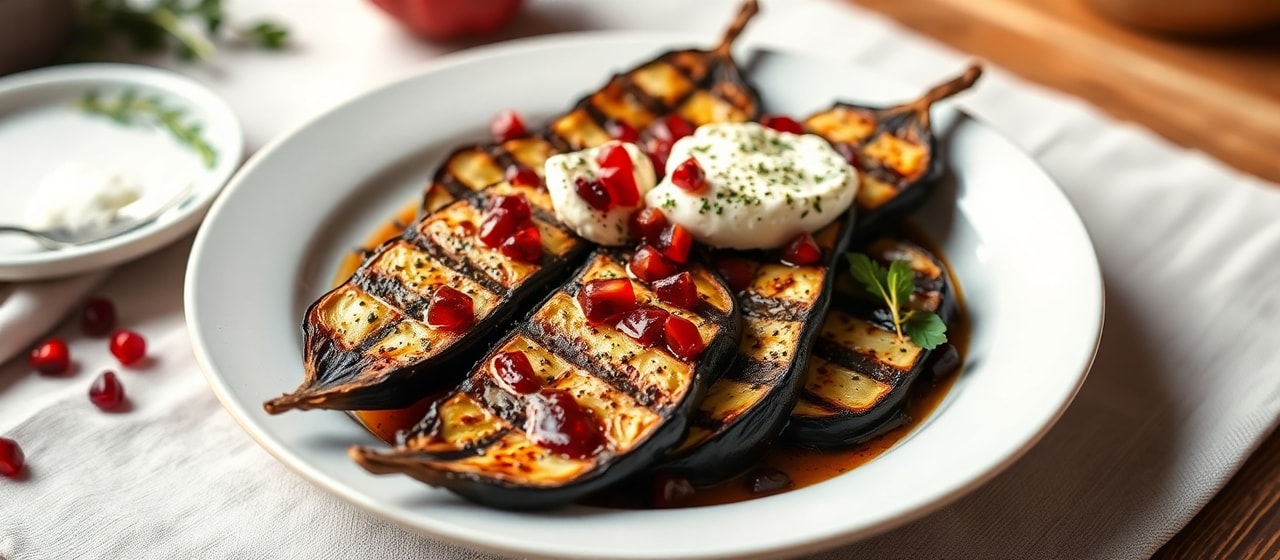 Grilled Eggplant with Herbed Labneh and Pomegranate Glaze