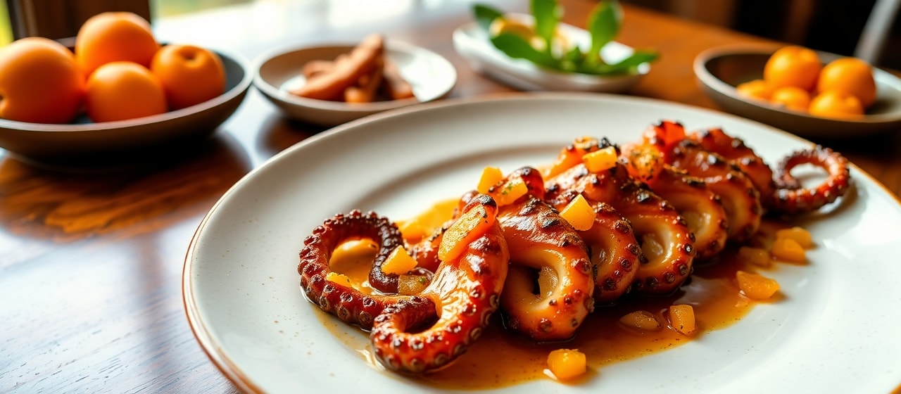 Grilled Five-Spice Glazed Octopus with Lychee-Osmanthus Jelly and Candied Kumquats