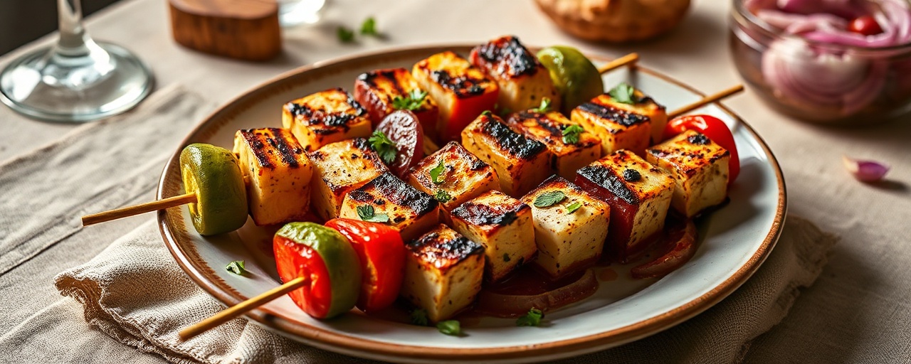 Grilled Halloumi & Vegetable Skewers with Smoky Chipotle-Harissa Glaze