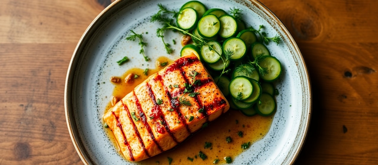 Grilled Harissa-Dill Salmon with Pickled Cucumber Salad